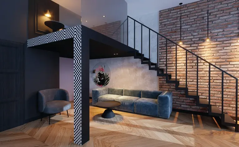 Salon z niebieską sofą, ceglaną ścianą i akcentami art deco, dopamine decor i eklektycznym stylem.