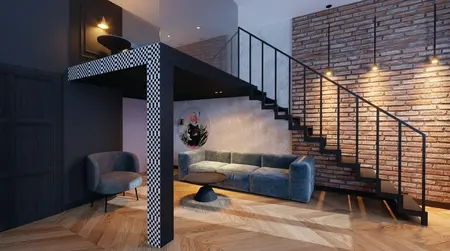 Salon z niebieską sofą, ceglaną ścianą i akcentami art deco, dopamine decor i eklektycznym stylem.