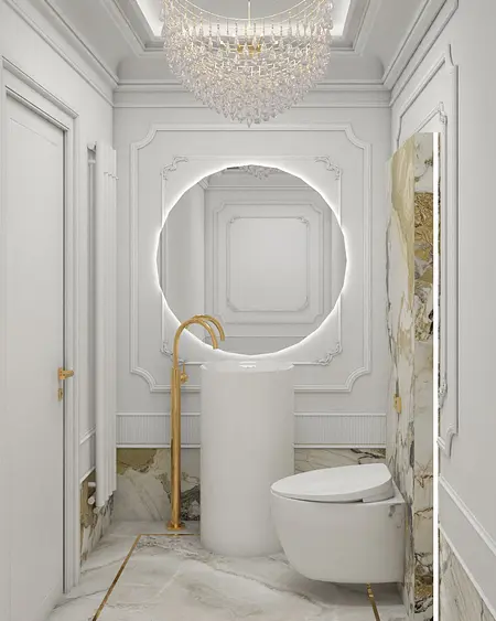 Elegancka łazienka glamour z białą umywalką, złotymi detalami i nowoczesnym wystrojem.