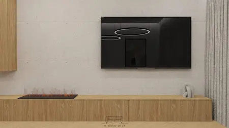 Wnętrze salonu w stylu japandi, minimalistycznym, skandynawskim i współczesnym z drewnianymi akcentami.