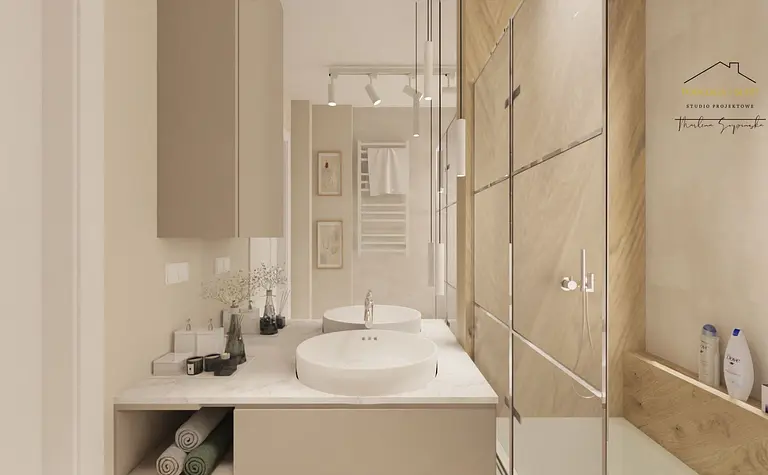 Minimalistyczna łazienka z dwiema umywalkami i drewnianymi detalami