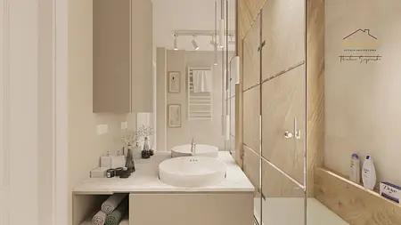 Minimalistyczna łazienka z dwiema umywalkami i drewnianymi detalami