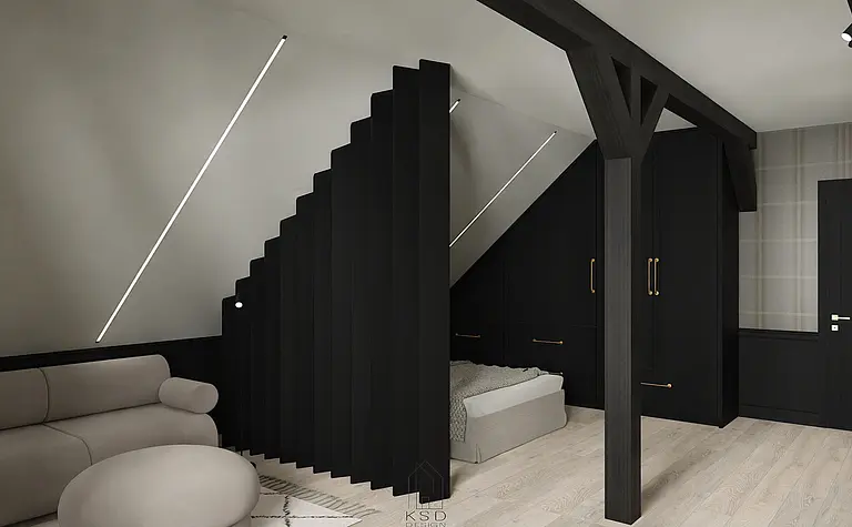 Wnętrze poddasza z minimalistycznym designem, czarna ściana i jasne meble.