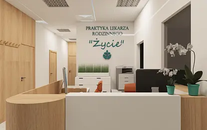 Recepcja lekarza rodzinnego z białymi meblami i drewnem, styl skandynawski.