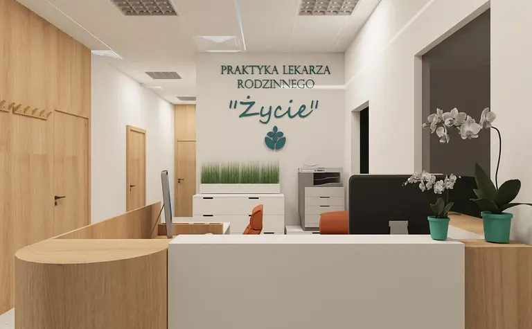 Recepcja lekarza rodzinnego z białymi meblami i drewnem, styl skandynawski.