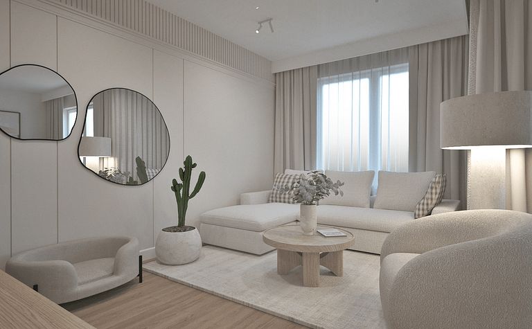 Wnętrze salonu w stylu boho i japandi z jasnymi meblami