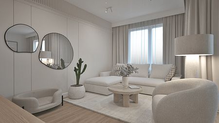 Wnętrze salonu w stylu boho i japandi z jasnymi meblami
