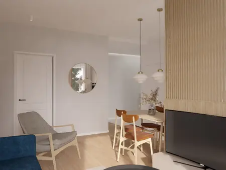 Minimalistyczne wnętrze z vintage meblami w współczesnym stylu.