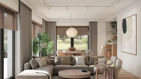 Wnętrze salonu w stylu japandi i współczesnym z roślinami.