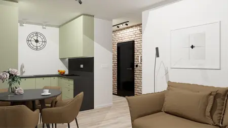 Wnętrze kuchni w stylu eklektycznym z industrialnym i współczesnym akcentem.