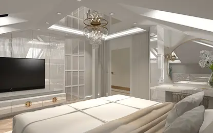 Wnętrze sypialni z białym łóżkiem i lustrem w stylu glamour oraz nowoczesnym.