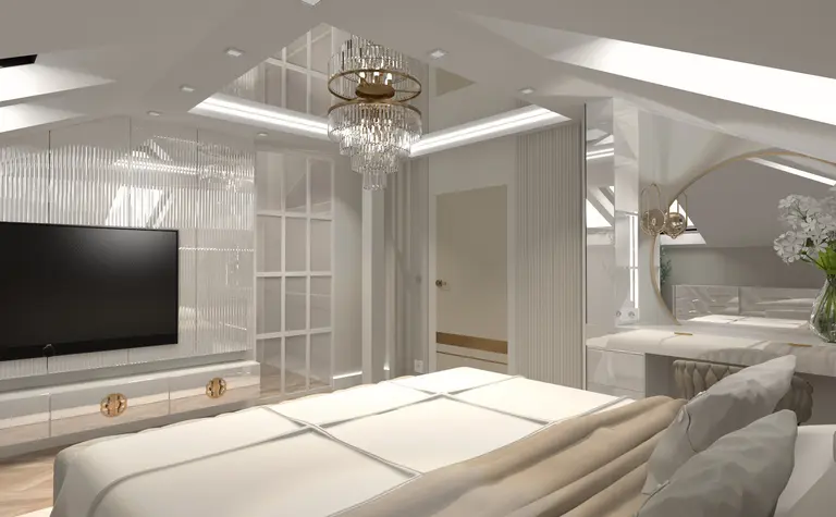 Wnętrze sypialni z białym łóżkiem i lustrem w stylu glamour oraz nowoczesnym.