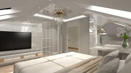 Wnętrze sypialni z białym łóżkiem i lustrem w stylu glamour oraz nowoczesnym.