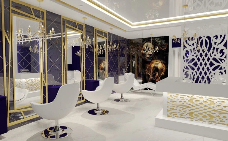 Nowoczesne wnętrze salonu z białymi meblami i niebieskimi akcentami, styl glamour i eklektyczny.