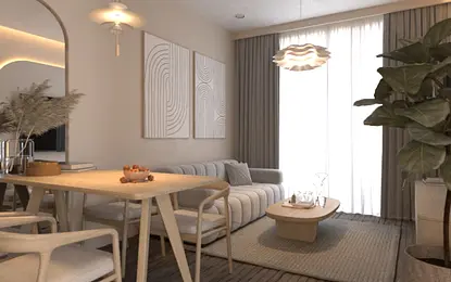 Wnętrze salonu w stylu boho, eklektycznym, japandi i minimalistycznym z roślinami.