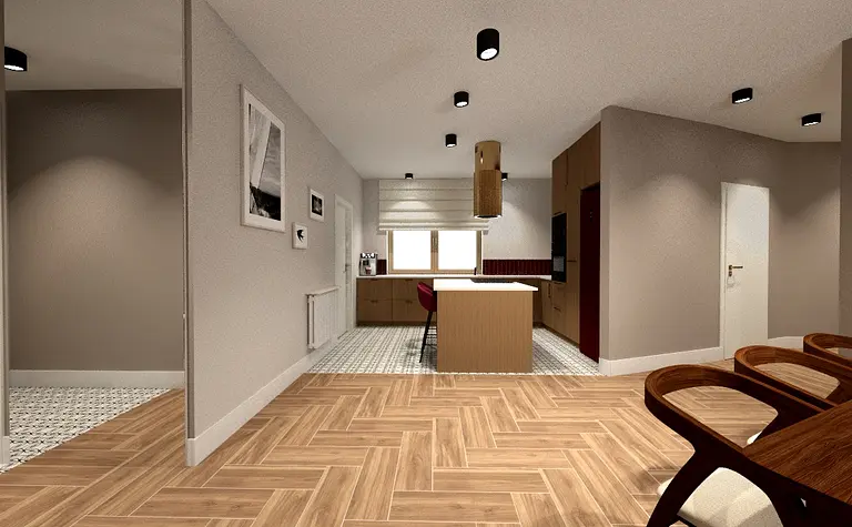 Wnętrze kuchni w stylu eklektycznym z drewnianymi meblami i białymi detalami.