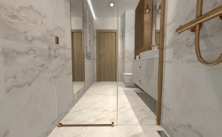 Współczesna łazienka z białymi meblami i drewnem