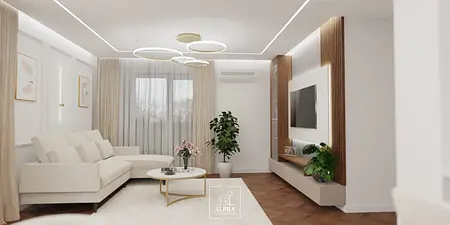 Wnętrze salonu z nowoczesnym designem, quiet luxury, tradycyjnym, współczesnym stylem.