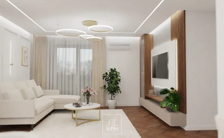 Wnętrze salonu z nowoczesnym designem, quiet luxury, tradycyjnym, współczesnym stylem.