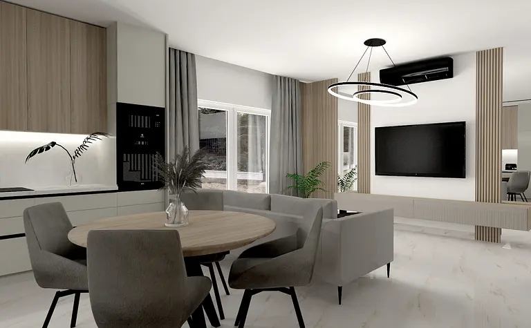 Wnętrze jadalni z drewnianym stołem i szarymi krzesłami, nowoczesny design.