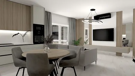 Wnętrze jadalni z drewnianym stołem i szarymi krzesłami, nowoczesny design.