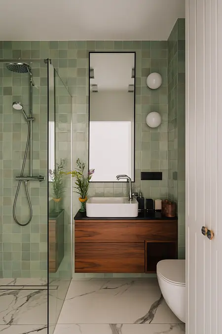 Współczesna łazienka z zielonymi kafelkami, drewnianą szafką i nowoczesnym prysznicem.