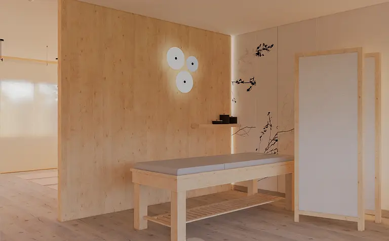 Minimalistyczne wnętrze japandi z drewnianym stołem i ścianką działową.