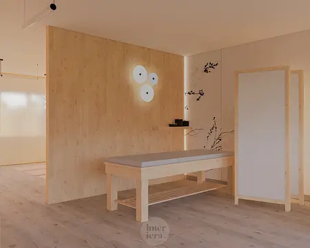 Minimalistyczne wnętrze japandi z drewnianym stołem i ścianką działową.