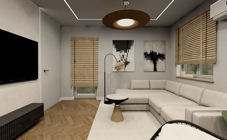 Wnętrze salonu z minimalistycznym, nowoczesnym stylem, szarymi ścianami i jasną sofą.