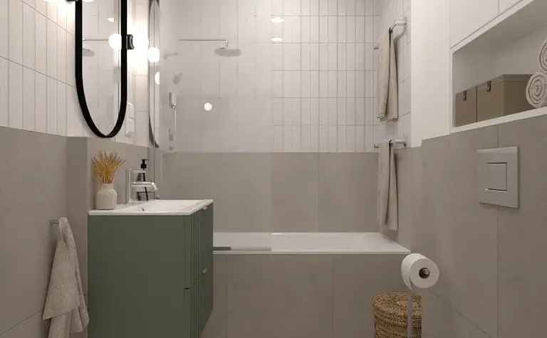 Nowoczesna łazienka z zieloną szafką i vintage akcentami, skandynawski styl.