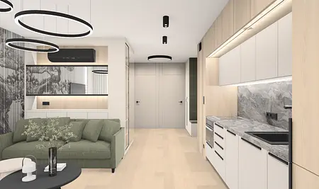 Wnętrze kuchni w stylu nowoczesnym z elementami soft minimalizmu i współczesnego designu.