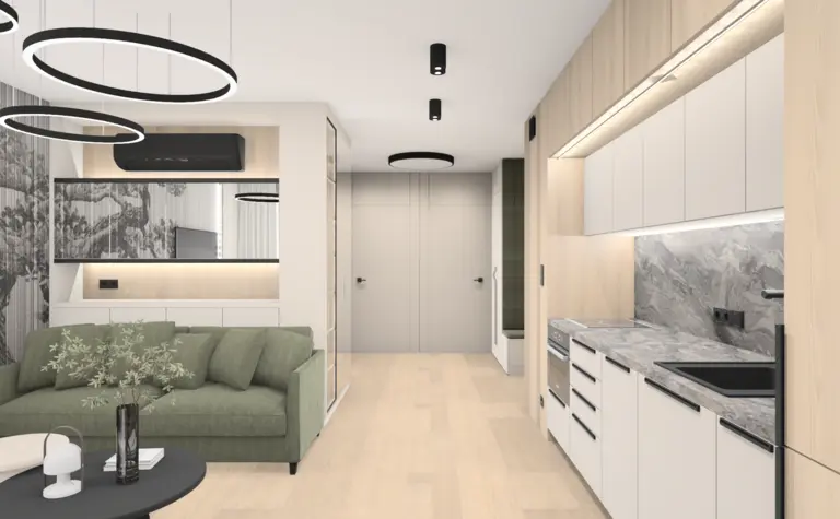 Wnętrze kuchni w stylu nowoczesnym z elementami soft minimalizmu i współczesnego designu.