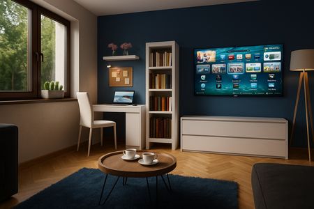 Wnętrze z niebieską ścianą, białym biurkiem i drewnianą podłogą, minimalistyczne i współczesne.