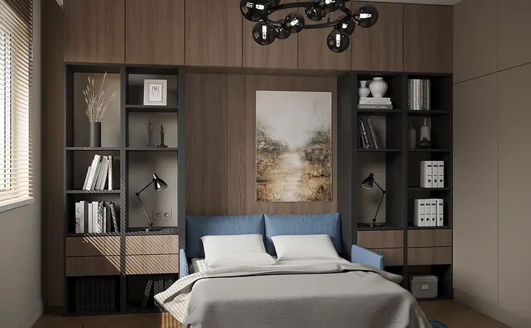 Wnętrze w stylu minimalistycznym z niebieską sofą i drewnianymi detalami.