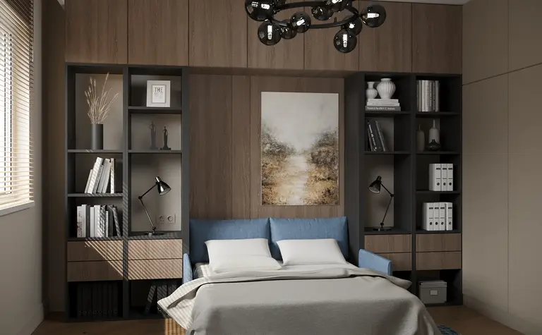 Wnętrze w stylu minimalistycznym z niebieską sofą i drewnianymi detalami.