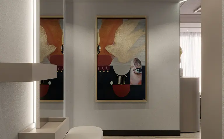 Stylowy przedpokój w stylu art deco i glamour z obrazem
