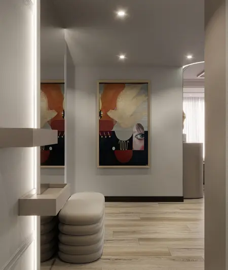 Stylowy przedpokój w stylu art deco i glamour z obrazem