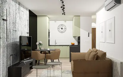 Wnętrze eklektycznego salonu z industrialnym akcentem i współczesną kuchnią.