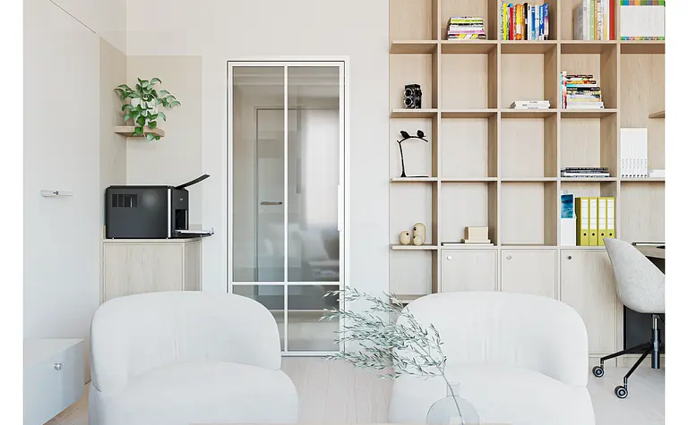 Wnętrze salonu w stylu japandi i minimalistycznym z białymi meblami i drewnianymi akcentami.