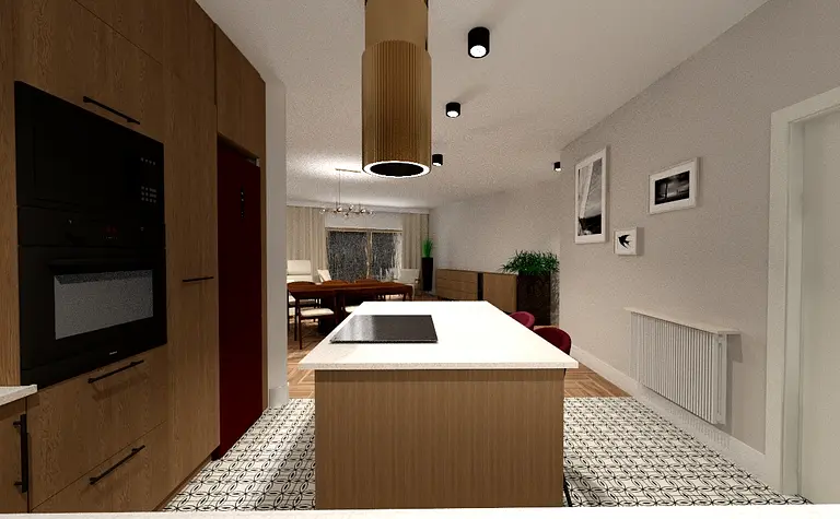 Wnętrze kuchni eklektycznej z drewnianymi meblami, blatem i nowoczesnym oświetleniem.