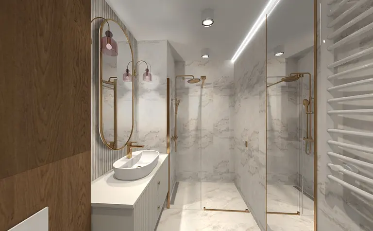 Współczesna łazienka z białymi ścianami i złotymi akcentami.