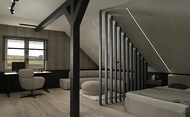 Wnętrze poddasza minimalistycznego z biurkiem, kanapą i nowoczesnym oświetleniem.