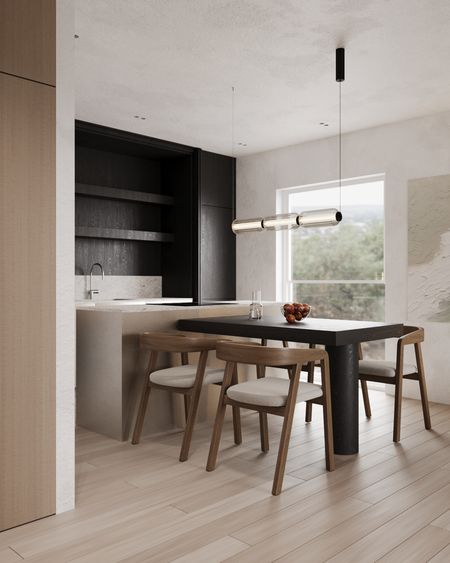 Wnętrze kuchni z minimalistycznym stylem, nowoczesnymi meblami i elementami quiet luxury.