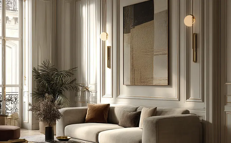 Wnętrze salonu w stylu art deco z jasną sofą, lampami i dekoracyjnym obrazem.