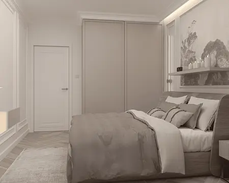 Sypialnia w stylu nowoczesnym i quiet luxury z beżowym łóżkiem i dekoracjami.