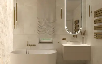 Nowoczesna łazienka z wanną, umywalką i złotymi akcentami, w stylach boho i skandynawskim.