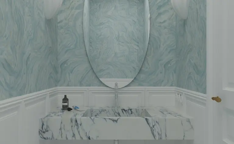 Mała łazienka z marmurową umywalką, niebieskimi ścianami i stylami art deco, minimaluxe, quiet luxury.