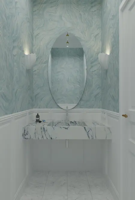 Mała łazienka z marmurową umywalką, niebieskimi ścianami i stylami art deco, minimaluxe, quiet luxury.