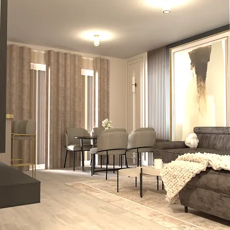 Stylowe wnętrze salonu glamour z szarymi i beżowymi meblami oraz nowoczesnymi akcentami.