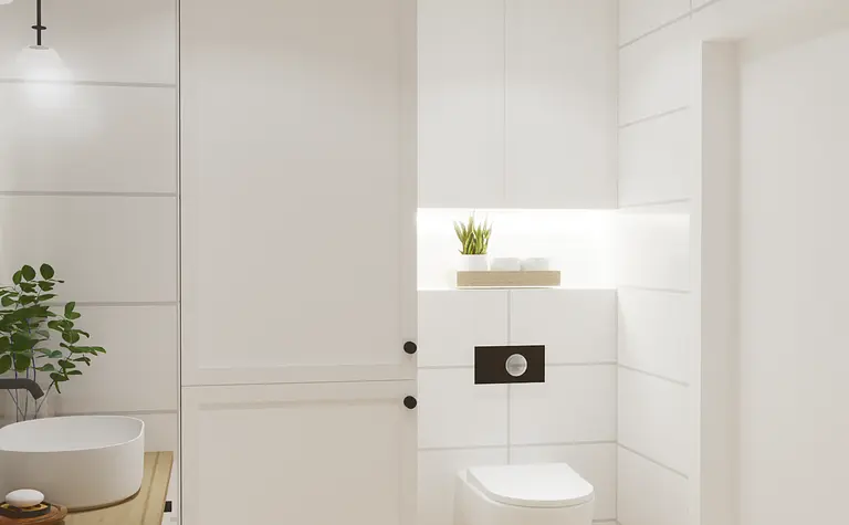 Nowoczesna łazienka w stylu skandynawskim z białymi kaflami i drewnianymi elementami.